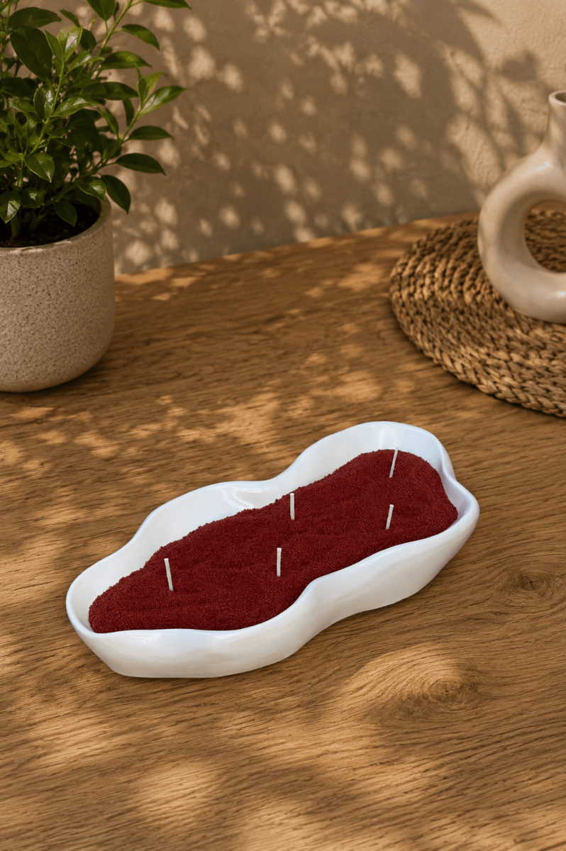 Dalga Formlu Dekoratif Kase Mum – Bordo İnci Tozu