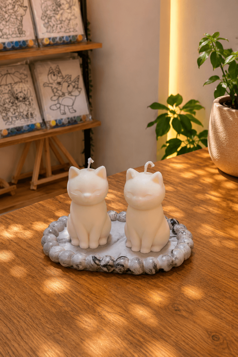 Kedi Figürlü Dekoratif Mum & Taş Tozu Tepsi Seti