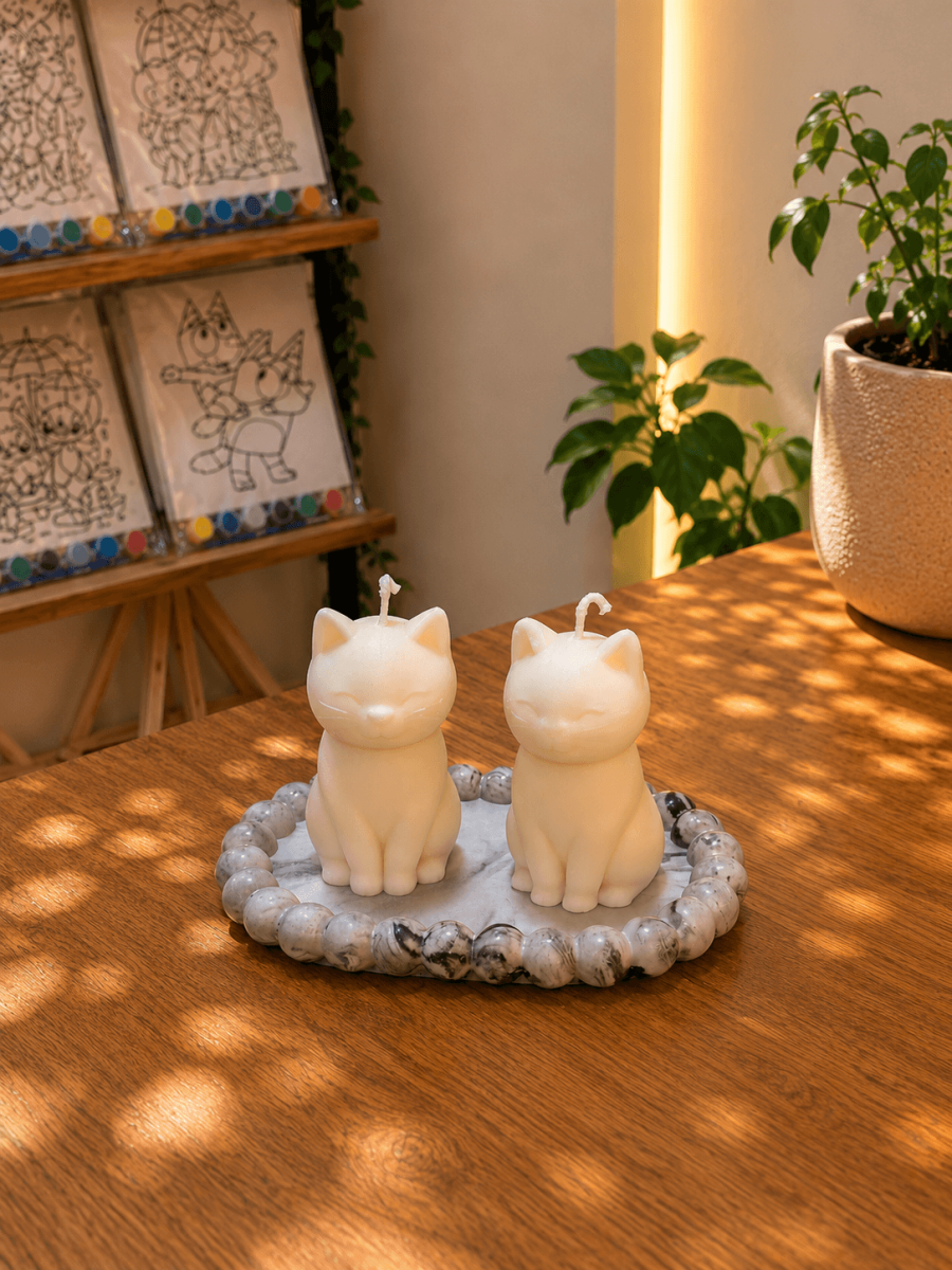Kedi Figürlü Dekoratif Mum & Taş Tozu Tepsi Seti - 2